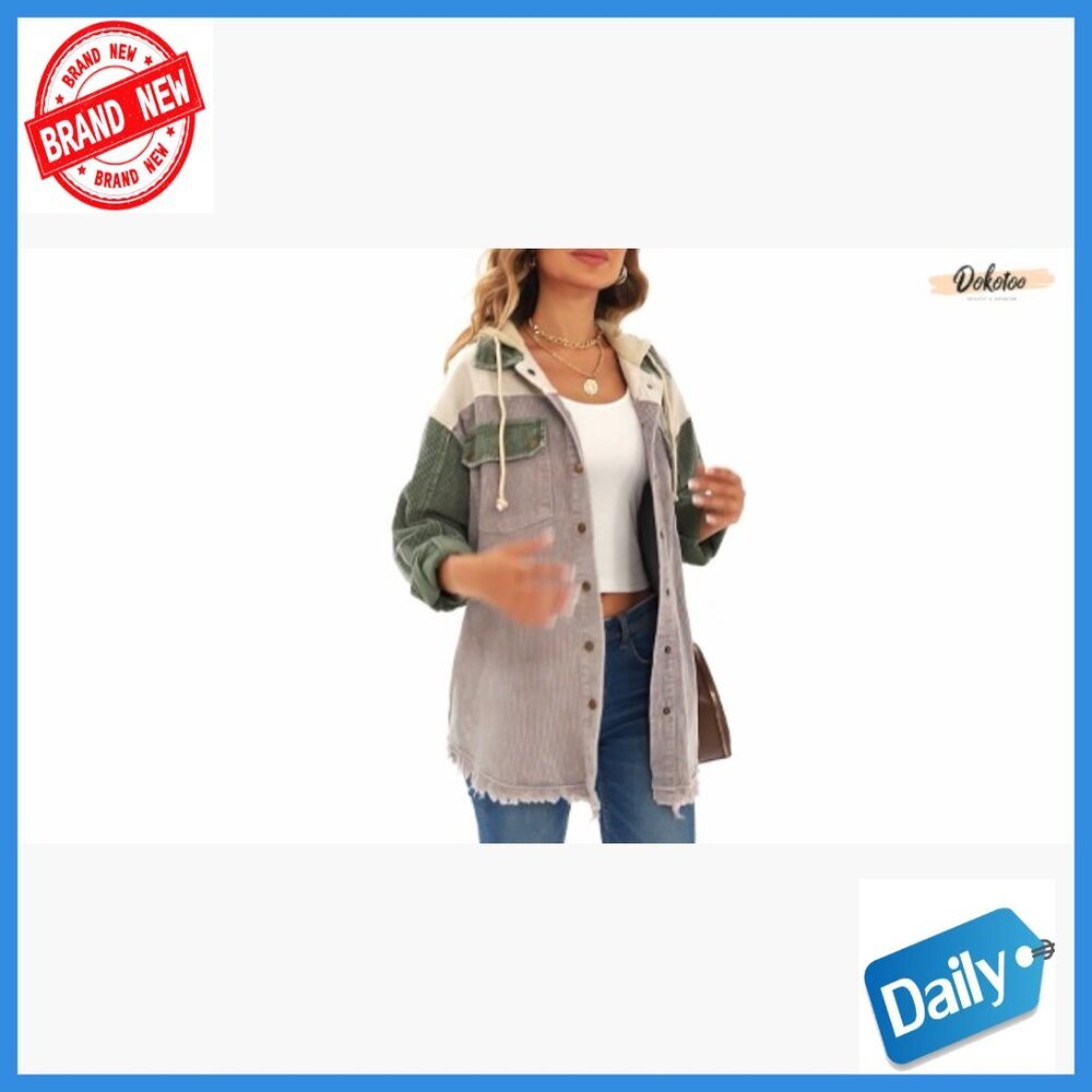 Corduroy Shacket Jacket Long Sleeve Button Down Hooded Coat with Pockets - Picture 6 of 7